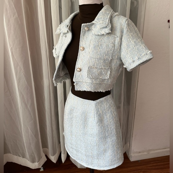 Two Piece Sky Blue Tweed Set - Picture 10 of 11